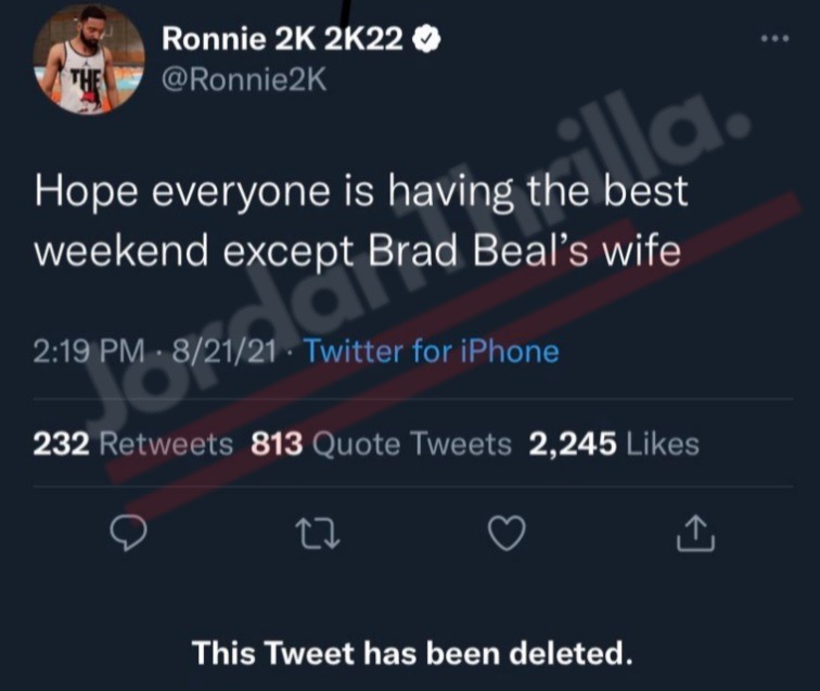 Ronnie 2K Disses Bradley Beal Wife Kamiah Adams in Deleted Tweet Then She Responds With Ether. Bradley Beal wife calls Ronnie 2k a clown.