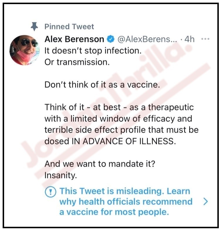 Here is the Tweet that got Anti-Vaxxer Alex Berenson Permanently Banned from Twitter. Here is what Alex Berenson said about the Covid Vaccine to get banned from Twitter.