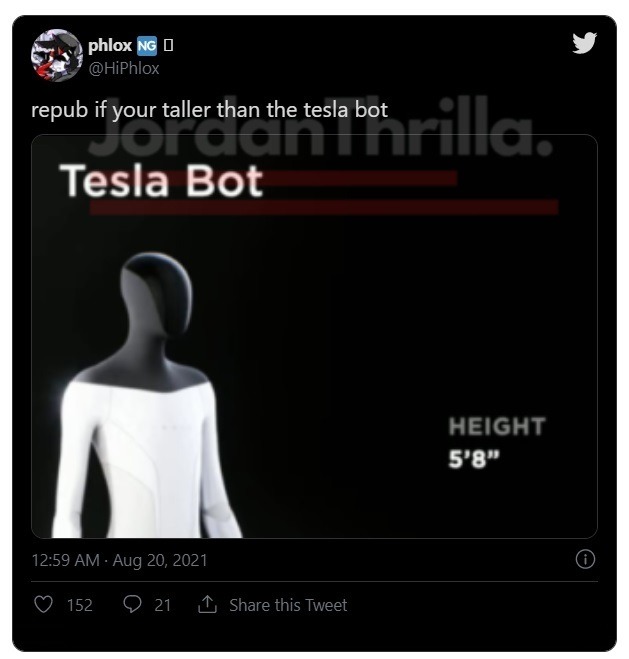  Social media reacts to Tesla Bot short height. Photo showing Tesla Bot is 5'8" tall. People saying Tesla Bot is short. Tesla Bot design flaw.