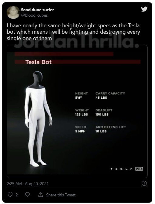  Social media reacts to Tesla Bot short height. Photo showing Tesla Bot is 5'8" tall. People saying Tesla Bot is short. Tesla Bot design flaw.