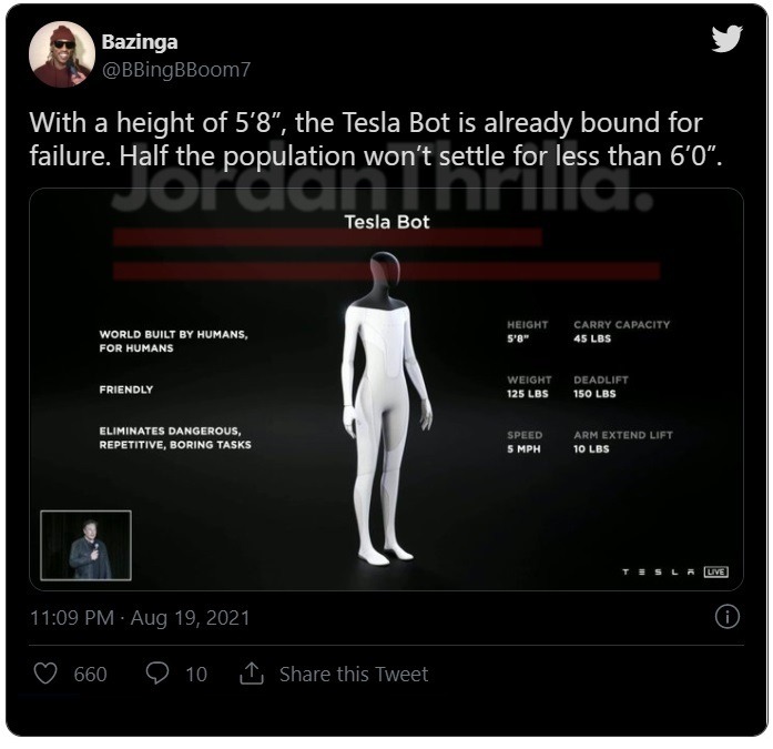 Social media reacts to Tesla Bot short height. Photo showing Tesla Bot is 5'8" tall. People saying Tesla Bot is short. Tesla Bot design flaw.