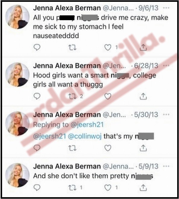 49ers Nick Bosa MAGA Girlfriend Jenna Alexa Berman Exposed as Racist Homophobic Who Uses N-Word Racial Slurs F-Word Gay Slurs and Disparages Black Women. Jenna Berman racist tweets