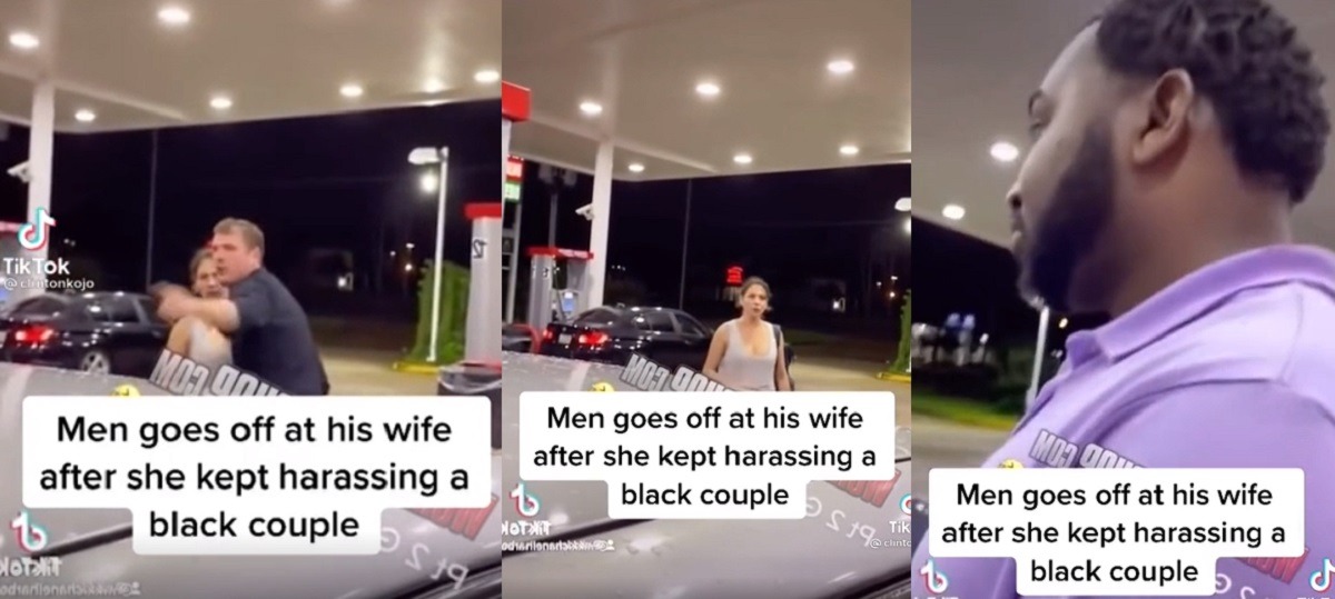 White Man Curses Out His Racist Wife Erin for Harassing Black Couple Driving a Buick at Gas Station. White Husband fights racist wife for harassing black couple