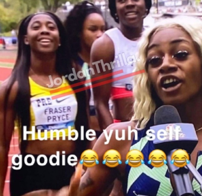 Shelly-Ann Fraser-Pryce Laughing at Sha'Carri Richardson During Her Post Race Interview After Coming Last Place Goes. Shelly-Ann Fraser-Pryce photobombs Sha'Carri Richardson During Her Post Race Interview. Shelly-Ann Fraser-Pryce videobombs Sha'Carri Richardson During Her Post Race Interview. ''Humble yourself' Sha'Carri Richardson meme