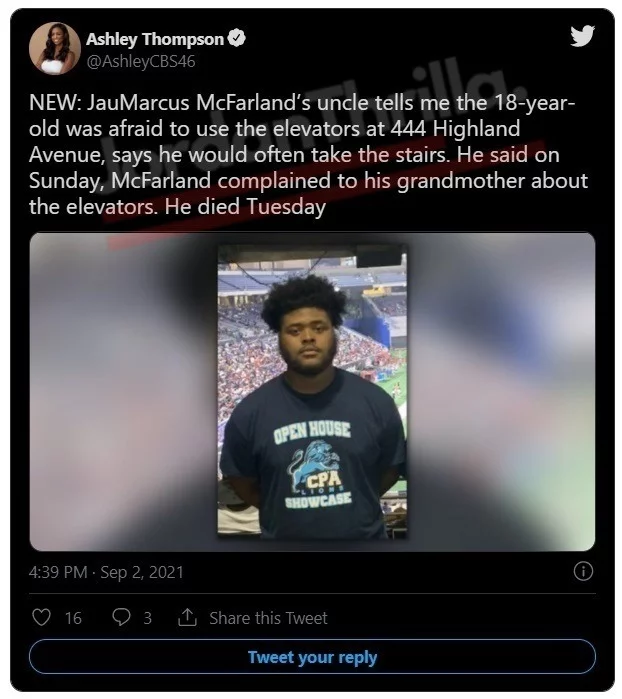 Did 18 Year Old Football Player JauMarcus McFarland Who Got Crushed by an Elevator Predict His Own Death?.Champion Prep Academy in Atlanta 18 Year old student crushed by elevator in accident. JauMarcus McFarland predicted his own death. Did 18 Year Old Football Player JauMarcus McFarland Who Got Crushed by an Elevator Predict His Own Death?.Champion Prep Academy in Atlanta 18 Year old student crushed by elevator in accident. JauMarcus McFarland GoFundMe information.