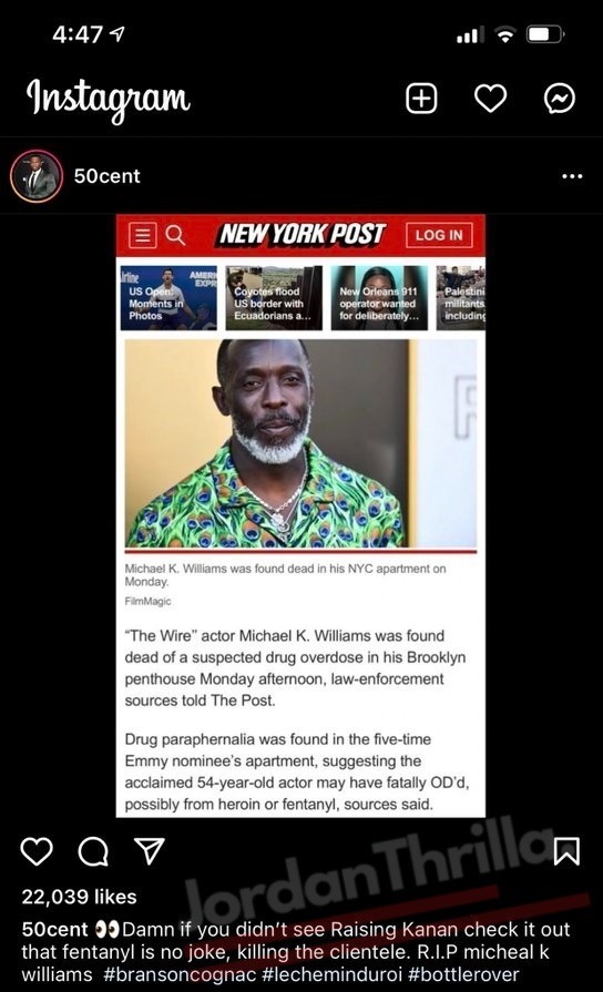 Social Media Cancels 50 Cent For Using Michael K. Williams' Death To Promote His Raising Kanan Show on Instagram. 50 Cent Michael K. Williams Instagram post promoting his show. 50 Cent deleted Instagram post about Michael K. Williams death.