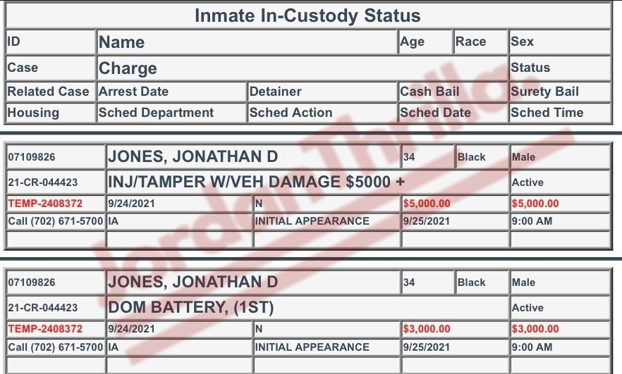 Jon Jones Mugshot and Inmate Report Go Viral After Jon Jones Arrested to Domestic Violence in Las Vegas After UFC Hall of Fame Induction. Details on Jon Jones domestic violence arrest in Las Vegas. Jon Jones' Inmate Report from Clark County Detention Center Registry