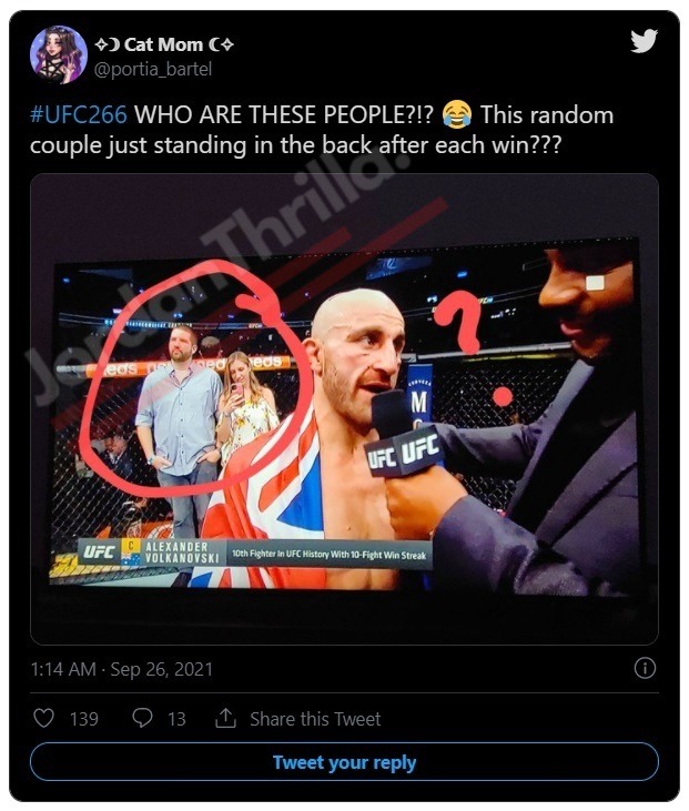 Who Was the Random Couple at UFC 266 Standing in Back of the Cage after Every Match? Details on the random Man and woman inside the cage at UFC 266. 