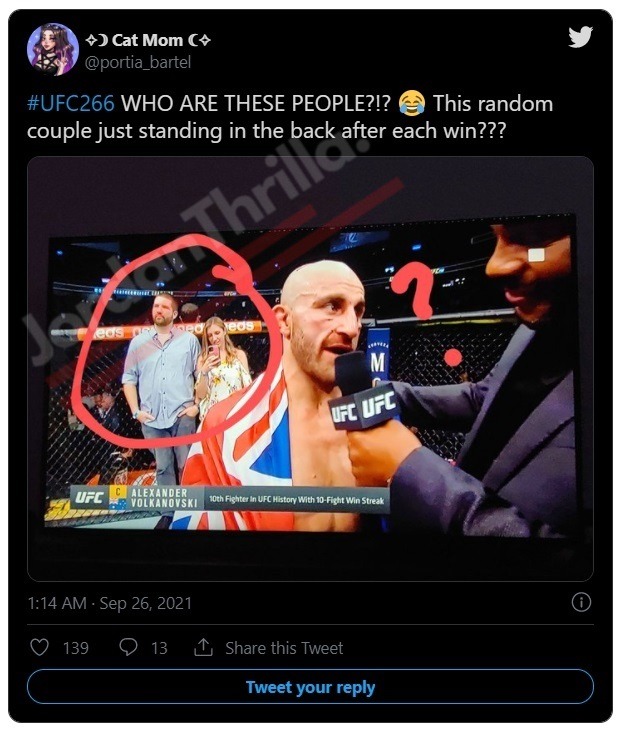 Who Was the Random Couple at UFC 266 Standing in Back of the Cage after Every Match? Details on the random Man and woman inside the cage at UFC 266.