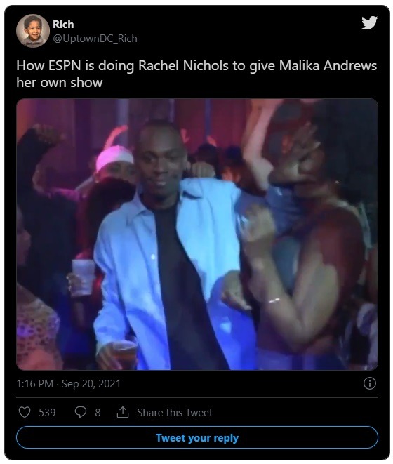 Did ESPN make Malika Andrews New Show 'NBA Today' Premiere on Rachel Nichols' Birthday on Purpose? People react to Malika Andrews' show replacing Rachel Nichols on her birthday. Malika Andrews new show replacing The Jump on Rachel Nichols' birthday.