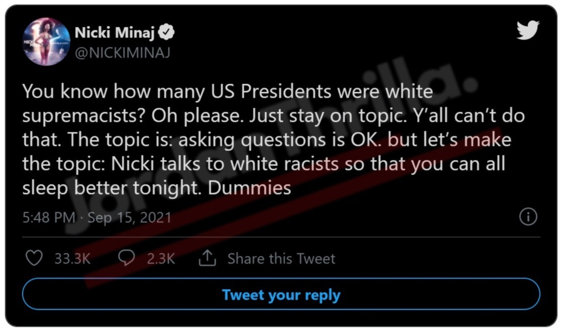 Nicki Minaj Goes on IG Live Rant About COVID Vaccine and a Social Media Conspiracy Explaining Why She Will Never Return to Twitter. Nicki Minaj says she's never coming back to twitter. Nicki Minaj reacts to Tucker Carlson backlash on Instagram Live