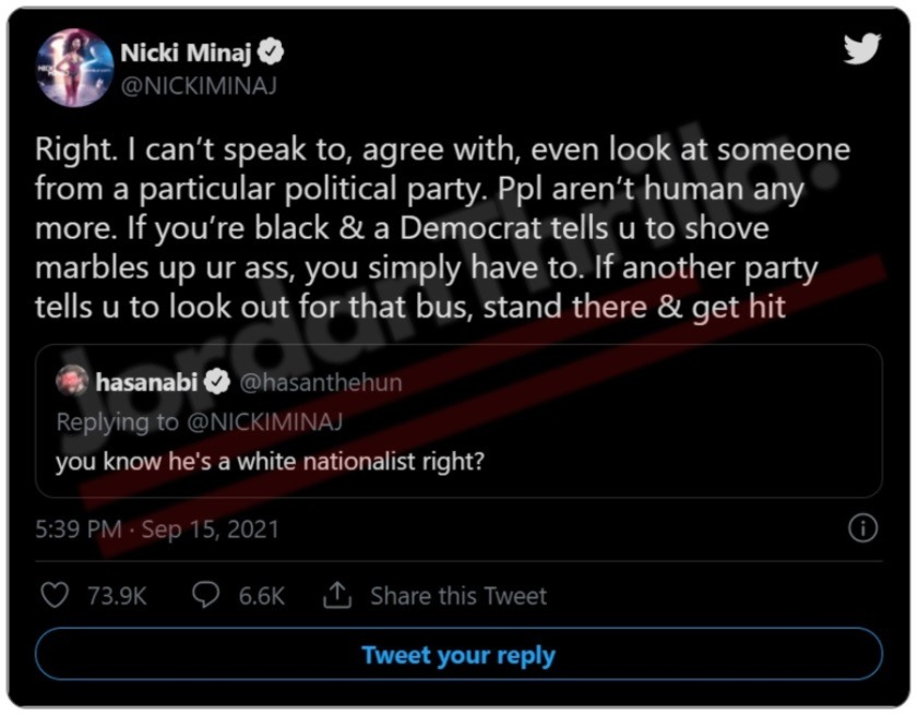 Nicki Minaj Goes on IG Live Rant About COVID-19 Vaccine and a Social Media Conspiracy Explaining Why She Will Never Return to Twitter. Nicki Minaj says she's never coming back to twitter. Nicki Minaj reacts to Tucker Carlson backlash on Instagram Live