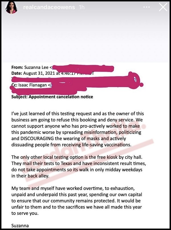 Did Candace Owens Dox Members of Aspen Colorado COVID-19 Test Center Who Denied Her Service? Candace Owens doxxing members of Aspen covid test center. Candace Owens denied service by Aspen Colorado COVID-19 test center