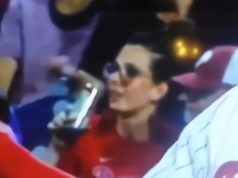 Female Phillies Fan Pretending to Give Top to a Beer Can During Phillies vs Pira...