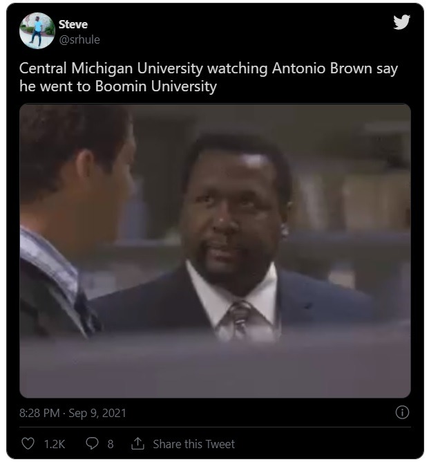 AB Antonio Brown Saying 'Boomin University' During Bucs vs Cowboys Leaves Central Michigan University Alumni Disappointed. Central Michigan mad Antonio Brown said 'Booming University' during Buccaneers vs Cowboys