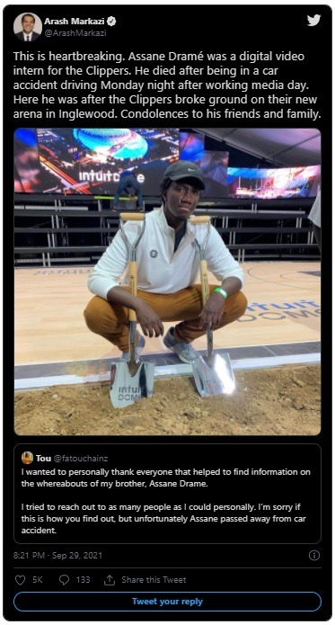 Clippers Video Assistant Assane Drame Dead Shows Dangers of Highway Car Breakdowns. Details on how Clippers Video Assistant Assane Drame Died. Assane Drame sister Fatou reacts to his death.