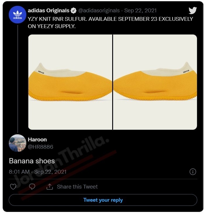 Do Kanye West's New Yeezys Look Like Banana Peels? Social Media Reacts to New Yeezy Knit RNR 'Sulfur' Photos with Roast Session. People compare Knit RNR 'Sulfur' Yeezy sneaker to banana peels. People clown New Yeezy Knit RNR "Sulfur" Photos with banana jokes.