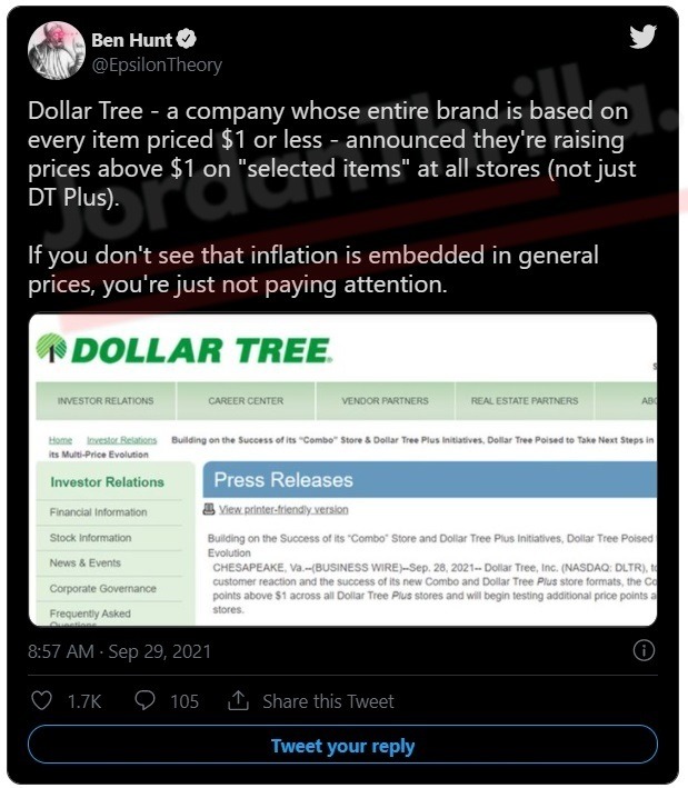 People React to Dollar Tree Announcing Everything Isn't a Dollar Anymore as Republicans Call it 'Biden Inflation' aka Bidenflation. Did "Biden Inflation" aka Bidenflation Cause Dollar Tree to Stop Selling Everything for $1 or Less? Dollar Tree is no longer selling everything in their stores for $1 or less. General Reactions to Dollar Tree Not Selling Everything for $1 Anymore. Social media reactions to Dollar Tree increasing prices.