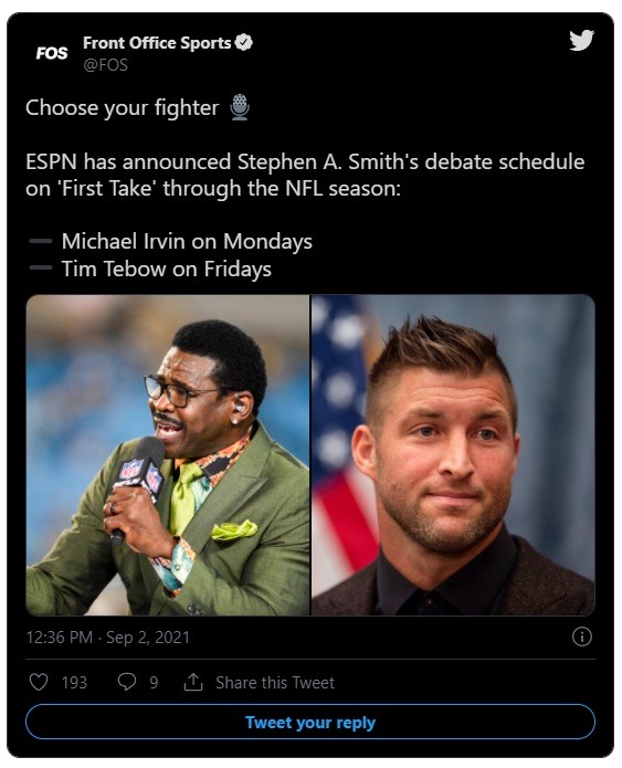 Is Michael Irving First Take's Answer to Shannon Sharpe on Undisputed? Michael Irving and Tim Tebow joining First Take. Michael Irving and Tim Tebow replacing Max Kellerman