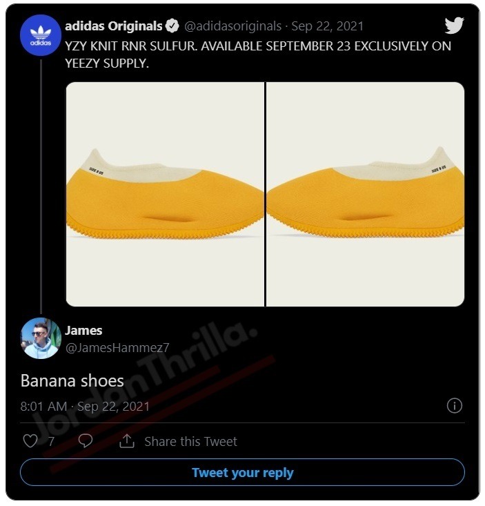 Do Kanye West's New Yeezys Look Like Banana Peels? Social Media Reacts to New Yeezy Knit RNR 'Sulfur' Photos with Roast Session. People compare Knit RNR 'Sulfur' Yeezy sneaker to banana peels. People clown New Yeezy Knit RNR "Sulfur" Photos with banana jokes.