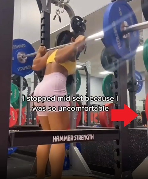People Think this Female TikToker Squatting at Gym is Lying About Catching a Man Staring at Her Butt For Attention. Video of Female Tiktoker squatting at gym catches middle age man staring at her butt