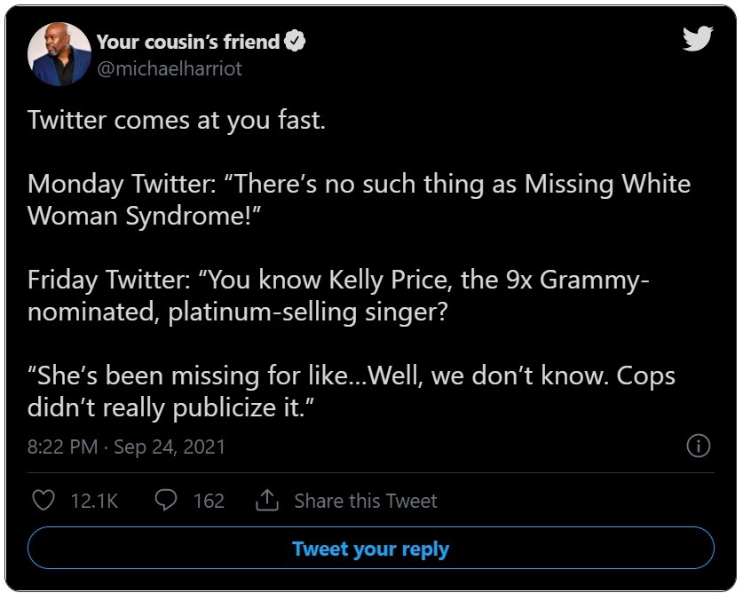 Kelly Price Sister Shanrae Cheree Price Says Kelly Price is Still Missing as People React To Media Not Reporting Kelly Price Missing for Over a Month. Reactions To Major News Outlets Not Reporting Kelly Price Missing for Over a Month. If Kelly Price has been Missing for Over a Month Why is the Media Just Reporting It? Was Kelly Price Found Safe? Kelly Price's Sister responds to Lawyer saying she was found. Kelly Price last IG Live video before going missing