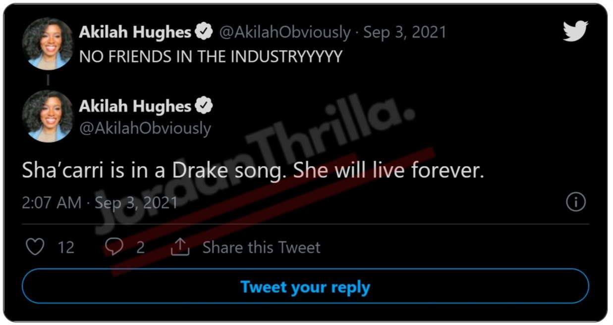 Drake's Sha'Carri Richardson Smoking Weed Lyrics on CLB 'No Friends in the Industry' Track Goes Viral. Reaction to Drake mentioning Sha'Carri Richardson on Certified Lover Boy. Reaction to Drake's Sha'Carri Richardson line on CLB No Friends in the Industry song.