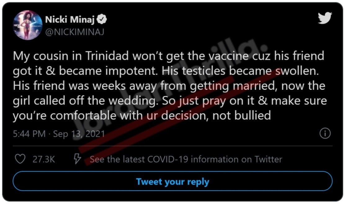 Is Nicki Minaj an Anti-Vaxxer? Nicki Minaj Reveals Her Cousin Friend Became Impotent with Swollen Testicles After Taking COVID-19 Vaccine