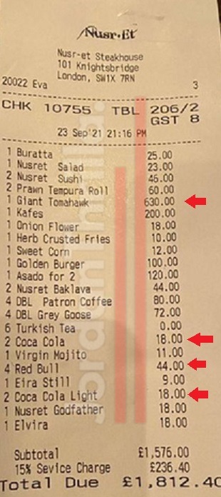 Here is Why People Think Salt Bae Restaurant is Extorting People in London. The Evidence Supporting Conspiracy Theory Salt Bae is Extorting People in London. Receipt from Salt Bae London restaurant