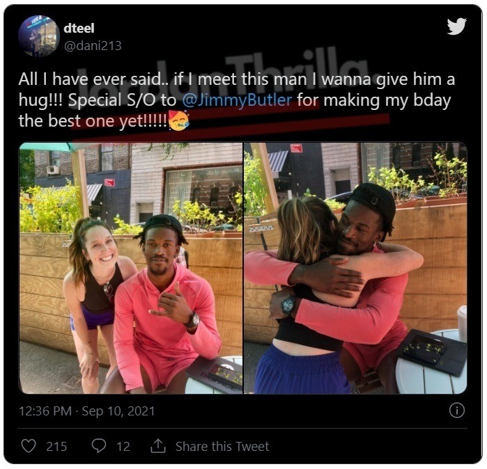 Jimmy Butler Meets His Biggest Female Fan Dani on Her Birthday Then Showed Up to US Open in Pink Hoodie. Jimmy Butler meets female fan Dani213 DTeel