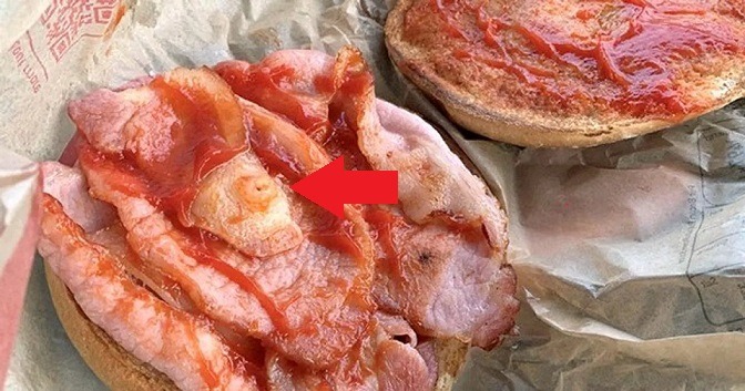 Did a Man Find a Pig Nipple in McDonald's Bacon Roll Then Turn Vegan From Mental Trauma? picture of pig nipple in McDonald's bacon roll taken Simon Robinson 