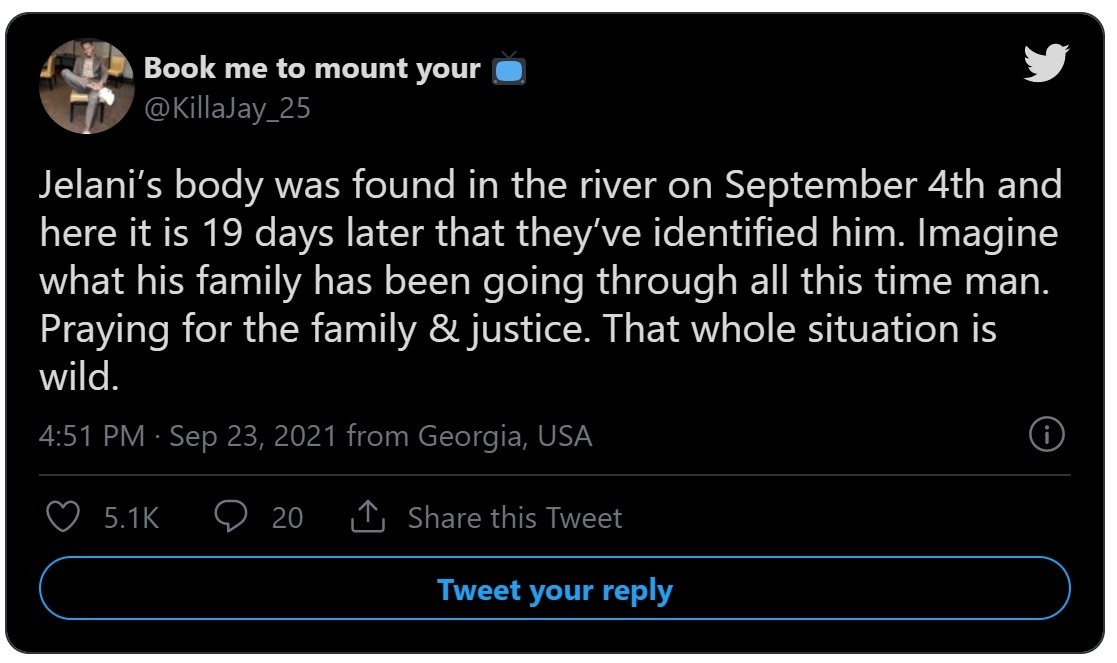 Was Jelani Day Murdered? People are Wondering Why it Took Coroners 19 Days To Identify Jelani Day Dead Body After it was Found. Angry people react to lack of media coverage in Jelani Day missing person case compared to Gabby Petito missing person case. Details of Jelani Day death.