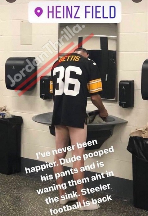 Steelers Fan Pooping Himself at Heinz Field Stadium During Steelers vs Raiders Goes Viral. Steelers fan poops himself at stadium. Steelers fan washing pants in sinking after he pooped on himself.