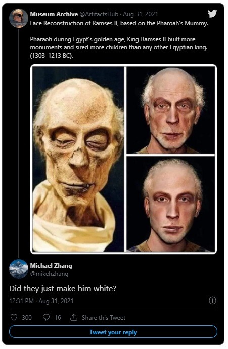 Was King Ramses II White? People Think This Is White Washed King Ramses II Facial Reconstruction. White washed Pharaoh Ramses II facial reconstruction from Museum Archive aka Artifacts Hub 
