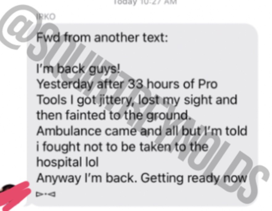 Leaked Texts Show Kanye West Allegedly Firing His Engineer and Overworking Another Into a Hospital. Text message from Kanye West firing his engineer for being 4 hours late
