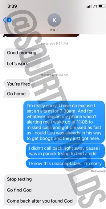 Leaked Texts Show Kanye West Allegedly Firing His Engineer and Overworking Another Into a Hospital. Text message from Kanye West firing his engineer for being 4 hours late