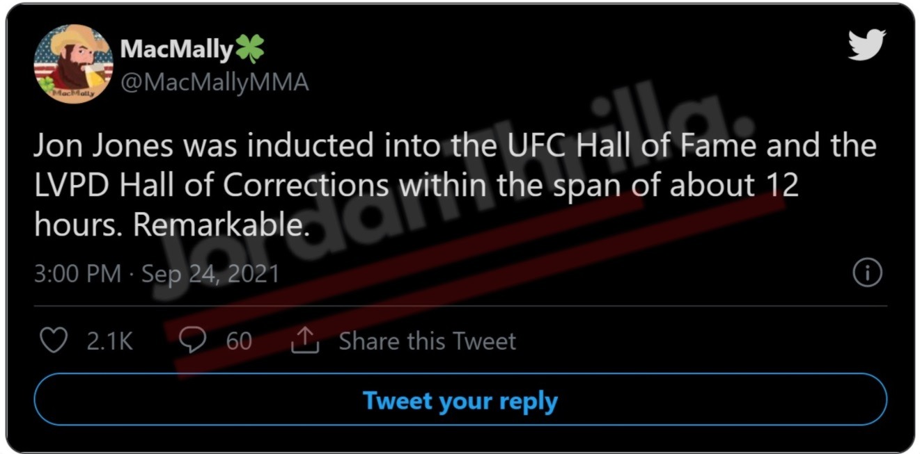 Jon Jones Mugshot and Inmate Report Go Viral After Jon Jones Arrested to Domestic Violence in Las Vegas After UFC Hall of Fame Induction. Details on Jon Jones domestic violence arrest in Las Vegas. Jon Jones' Inmate Report from Clark County Detention Center Registry. Reactions to Jon Jones arrested in Las Vegas after UFC Hall of Fame induction