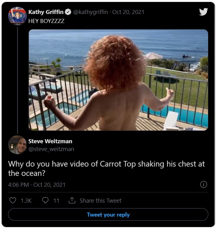 Reactions to Kathy Griffin's nude topless Twitter video. Does Kathy Griffin look like Carrot Top in this video? Kathy Griffin Topless Nude Video Gets Dropkicked With Carrot Top Comparisons. Kathy Griffin's Nude Topless Video Gets Roasted with Carrot Top Comparisons. Kathy Griffin's topless video comparisons to Scott Thompson aka Carrot Top.