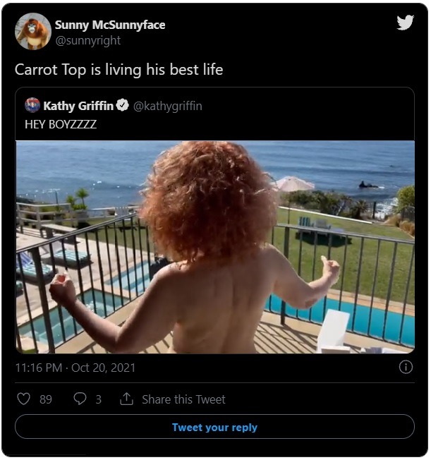 Reactions to Kathy Griffin's nude topless Twitter video. Does Kathy Griffin look like Carrot Top in this video? Kathy Griffin Topless Nude Video Gets Dropkicked With Carrot Top Comparisons. Kathy Griffin's Nude Topless Video Gets Roasted with Carrot Top Comparisons. Kathy Griffin's topless video comparisons to Scott Thompson aka Carrot Top.