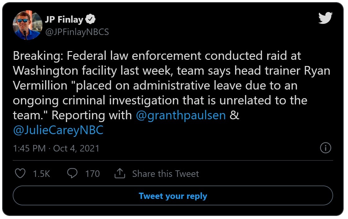 Why Did FEDS Raid Washington Football Team Facility? Details on Why FBI Agents Came Looking for Head Trainer Ryan Vermillion. Why Did FEDS Raid Washington Football Team Facility? Details on Conspiracy Theory that Ryan Vermillion was Caught Selling Drugs or in a Drug Ring. How Will Ryan Vermillion's Absence Affect Washington Football Team? Ryan Vermillion criminal investigation details.