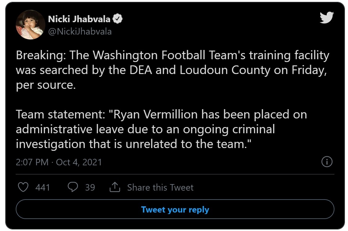 Why Did FEDS Raid Washington Football Team Facility? Details on Why FBI Agents Came Looking for Head Trainer Ryan Vermillion. Why Did FEDS Raid Washington Football Team Facility? Details on Conspiracy Theory that Ryan Vermillion was Caught Selling Drugs or in a Drug Ring. How Will Ryan Vermillion's Absence Affect Washington Football Team? Ryan Vermillion criminal investigation details.