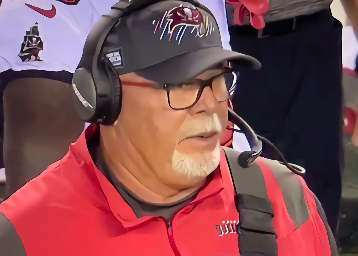 Bruce Arians' Suicide Bomber Outfit on Sideline of Buccaneers vs Eagles Goes Viral. People showing Bruce Arians wearing a suicide bomber vest outfit during Bucs vs Eagles. Bruce Arians' Darth Vader outfit.