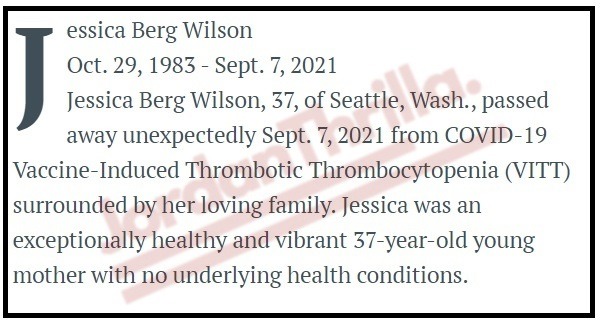 Twitter Exposed For Trying to Hide Story of Healthy Woman Jessica Berg Wilson Dead From COVID-19 Vaccine Side Effects at Age 37. Twitter falsely labels Story of Healthy Woman Jessica Berg Wilson Dead From COVID Vaccine Side effects. Jessica Berg Wilson Dead from COVID-19 Vaccine-Induced Thrombotic Thrombocytopenia (VITT). Jessica Berg Wilson's Obituary Condemns COVID-19 Vaccine Mandates