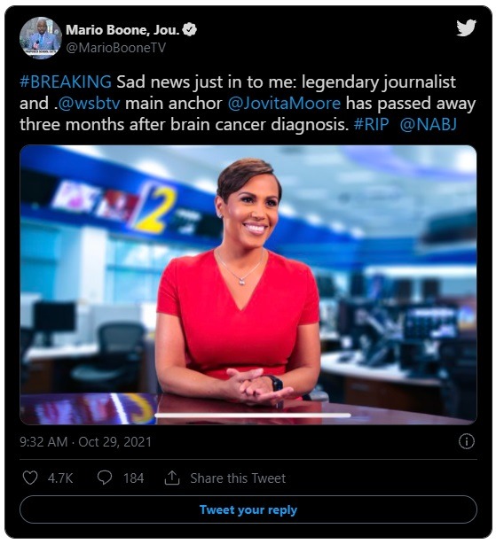 WSB-TV Anchor Jovita Moore Dead: Celebrities React to Jovita Moore's Death. How Did Jovita Moore Die? Jovita Moore's cause of death is brain cancer. Celebrities React to Jovita Moore Dead. Celebrity reactions to Jovita Moore dead. Tyler Perry reacts to Jovita Moore dead. Jovita Moore's Last Tweet Before She Died.