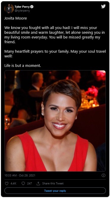 WSB-TV Anchor Jovita Moore Dead: Celebrities React to Jovita Moore's Death. How Did Jovita Moore Die? Jovita Moore's cause of death is brain cancer. Celebrities React to Jovita Moore Dead. Celebrity reactions to Jovita Moore dead. Tyler Perry reacts to Jovita Moore dead. Jovita Moore's Last Tweet Before She Died.