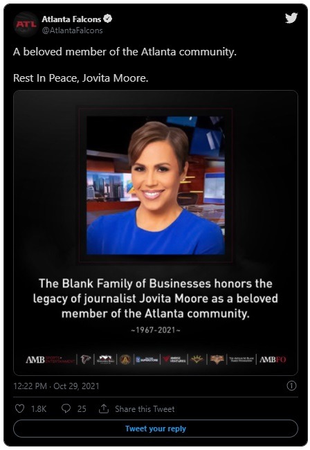 WSB-TV Anchor Jovita Moore Dead: Celebrities React to Jovita Moore's Death. How Did Jovita Moore Die? Jovita Moore's cause of death is brain cancer. Celebrities React to Jovita Moore Dead. Celebrity reactions to Jovita Moore dead. Tyler Perry reacts to Jovita Moore dead. Jovita Moore's Last Tweet Before She Died.