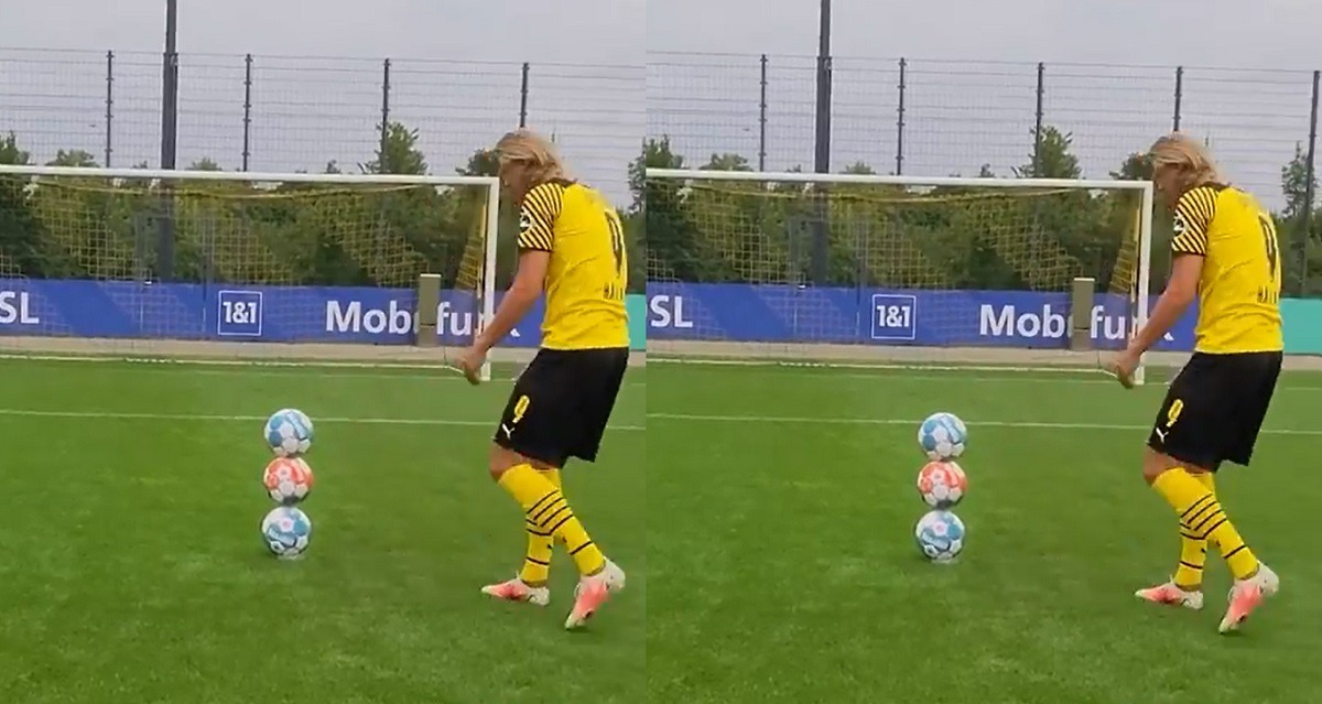 Did Erling Haaland Do the Greatest Soccer Trick Ever? Erling Haaland Soccer Trick Target Practice Goes Viral. Erling Haaland balances three soccer balls on top of each other. Not only did Erling Haaland hit the target each time, when a small piece was left he was able to strike that as well. He was able to pull that off without knocking over the tower made of soccer balls, which requires precision, power, concentration, balance, and artistic ability. The way the Erling Haaland balanced three soccer balls on top of each other almost looked like magic. It was so incredible it almost looked fake.