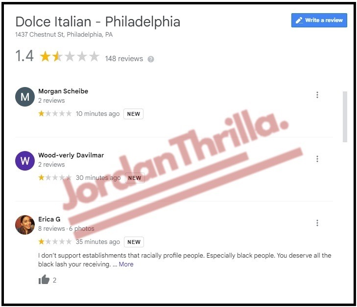 Wallo Exposing Racist Dolce Italian Manager Causes Google Reviews to Plummet and Manager Suspension. Details on How a Racist Dolce Italian Manager Racially Profiled Wallo Because He is Black. Dolce Italian Google Reviews Plummet After Wallo Exposes Racist Manager on Instagram Live. Dolce Italian Suspended the Manager who Racially Profiled Wallo. Racist Dolce Italian manager suspended for racially profiling Wallo. Chart showing Dolce Italian's Google Reviews have plummeted to 1.4 stars.