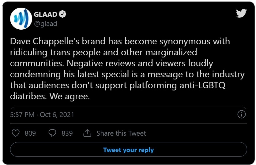 LGBTQ Community Lays the Cancel Hammer Down on Dave Chappelle as 'The Closer' Set to Be Removed from Netflix. Details on National Black Justice Coalition is pressuring Netflix to remove Dave Chappelle and his 'The Closer' special from their platform. Why Does NBJC want Netflix to Remove Dave Chappelle's "The Closer"? Why Did Dave Chappelle Call Himself a 'TERF'? GLAAD Issues Statement on Pressuring Netflix to Remove Dave Chappelle's The Closer. GLAAD reacts to Dave Chappelle The Closer