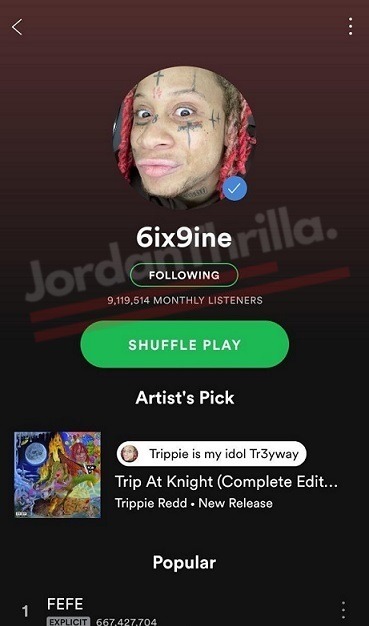 Did Trippie Redd Fans Hack Tekashi 6IX9INE Spotify Account? Details on How Tekashi69's Spotify Got Hacked. Was Tekashi 6IX9INE's Spotify Hacked by Trippie Redd Fans? Image from Tekashi 6IX9INE Spotify getting hacked.